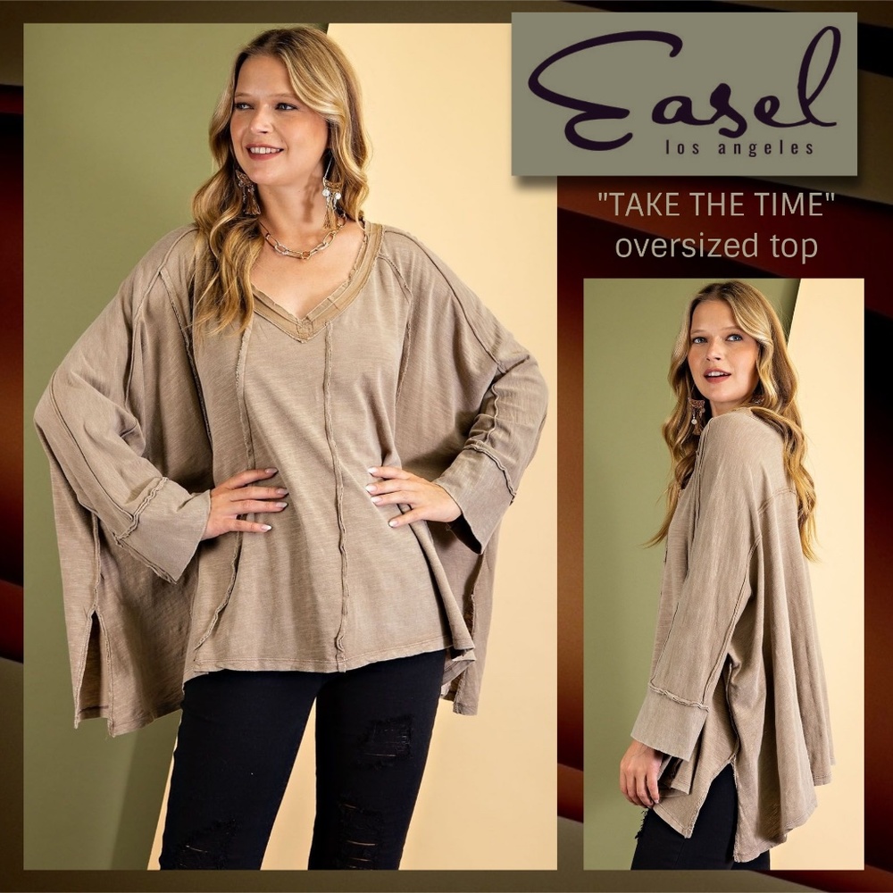 EASEL "Take The Time" Oversized Top W/Wide V-Neck Batwing Sleeves Exposed Seams